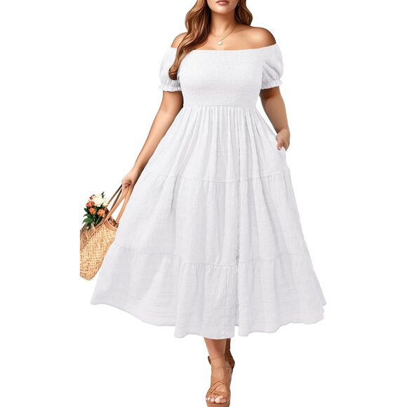 Plus Size Summer Dress Off Shoulder Pockets Casual Wedding Vacation - Picture 1 of 6